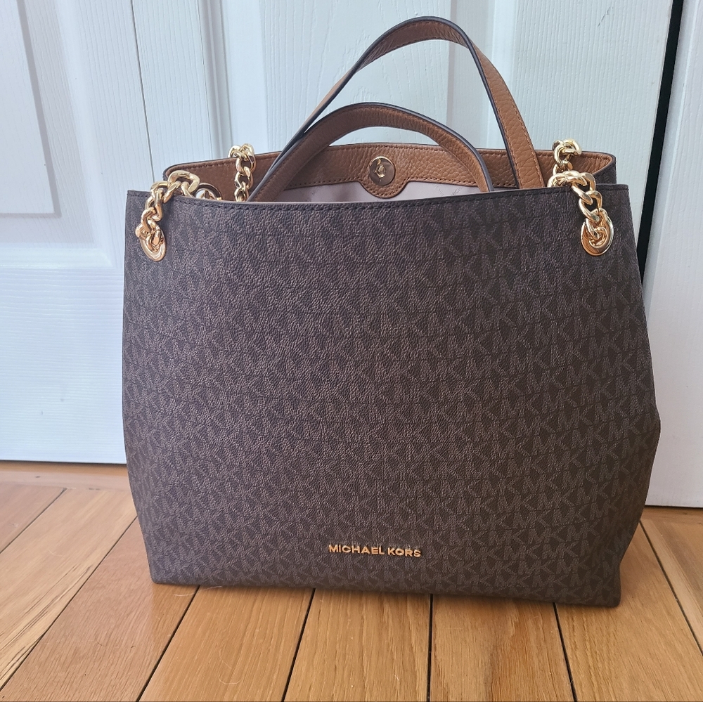 Michael Kors Chain Tote Bag – NWT Brown MK Logo Gold Hardware Shoulder Purse